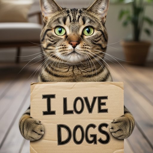 a cat holding a sign that says I love dogs
